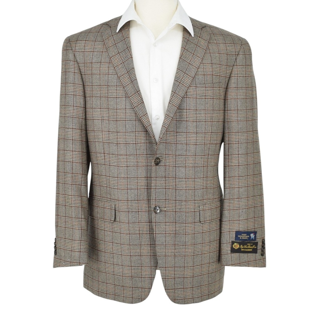 Hart Schaffner Marx Loro Piana Worsted Cashmere Brown Glen Plaid 42R MOTH HOLES